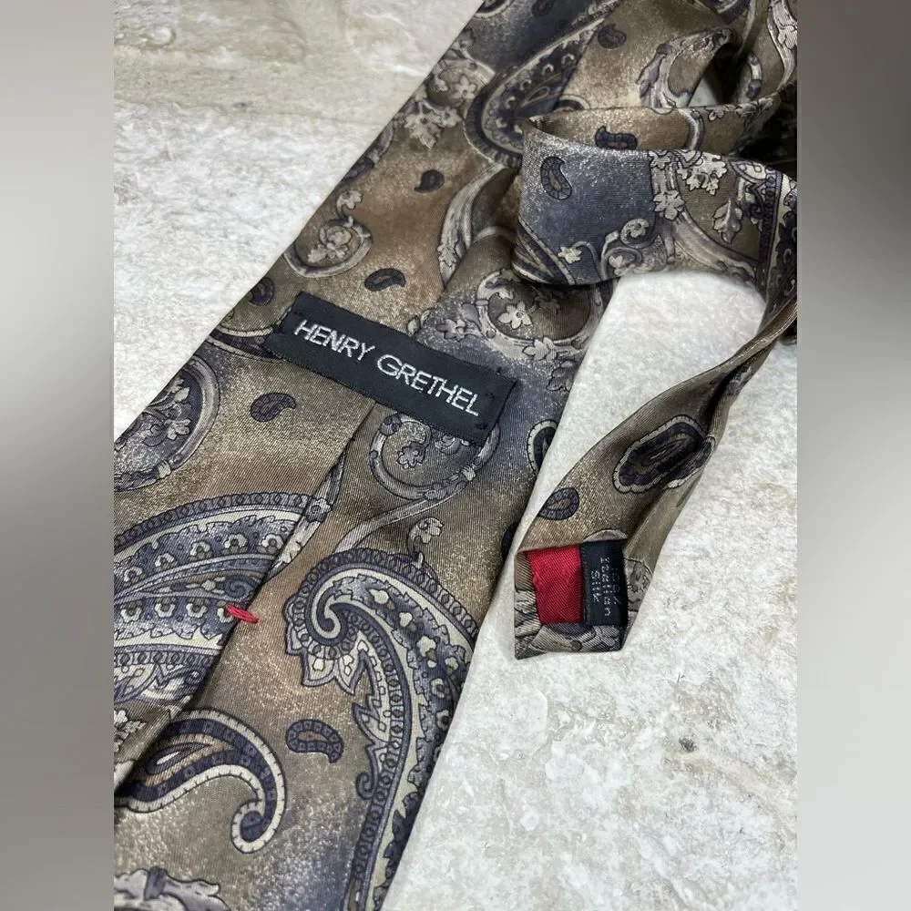 Henry Grethel khaki grey blue paisley %100 silk tie